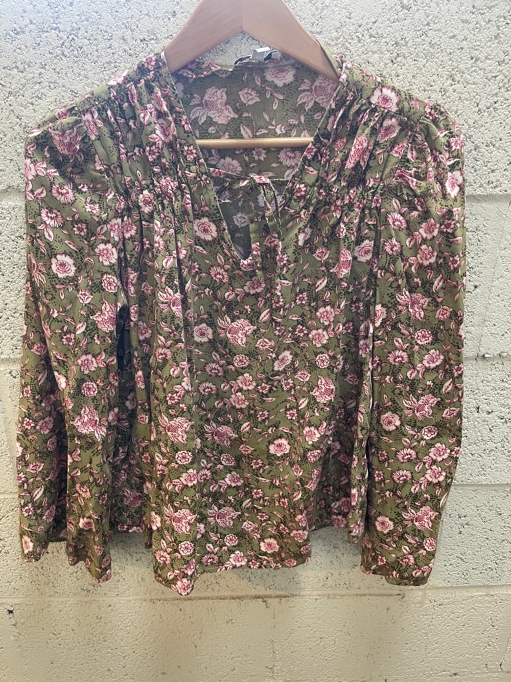 Jessica Simpson Olive Green Floral Peasant Blouse with Pink Flowers